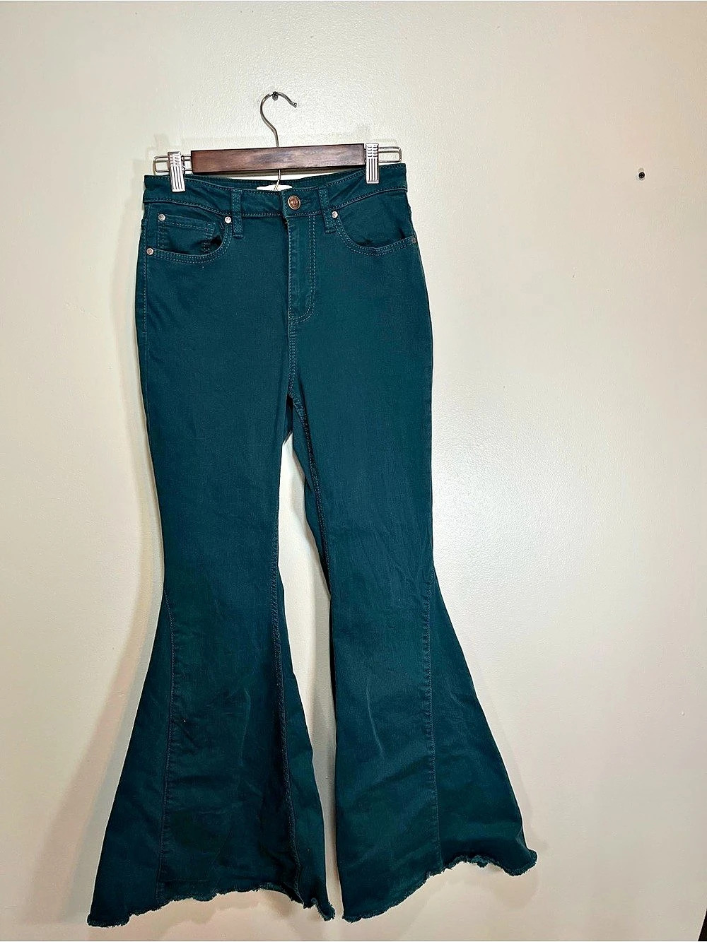 Shyanne Womens Teal Blue High Rise Super Flare Jeans Raw Hem Boho Western 30